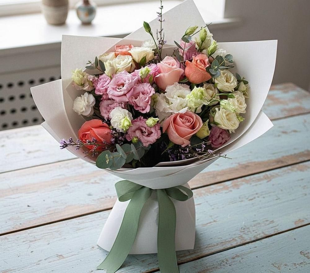 Букет цветов из: Розы, Лизиантусы и Гвоздики в Энеме