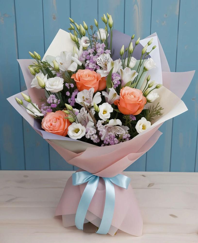 Букет цветов из: Лизиантусы, Розы, Альстромерии и Гипсофила в Энеме